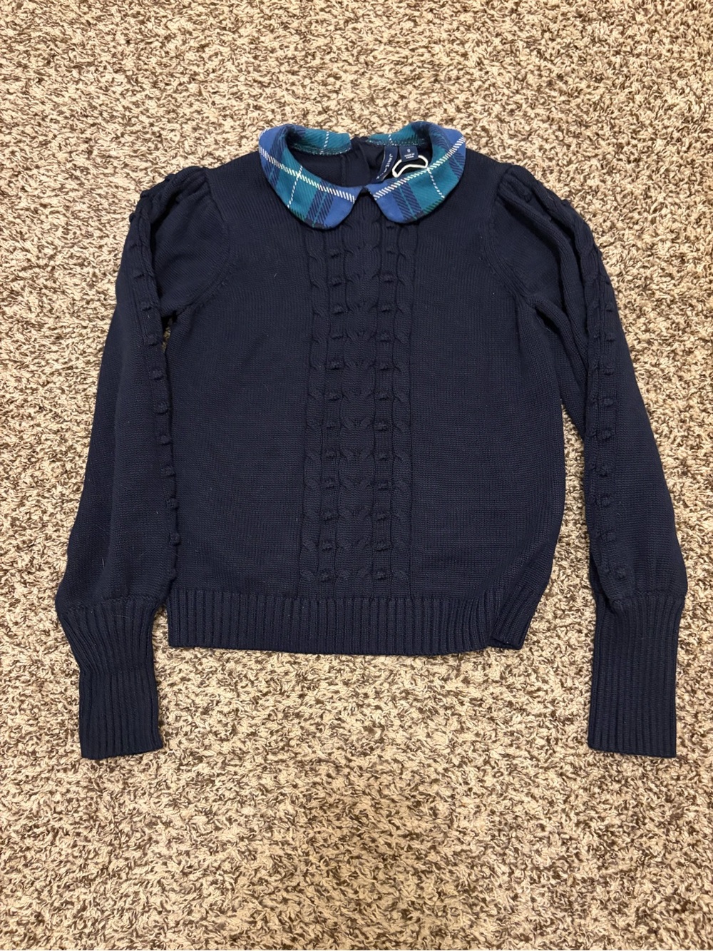 NWOT Janie and Jack Navy Cable Knit Sweater with Blue Plaid Collar